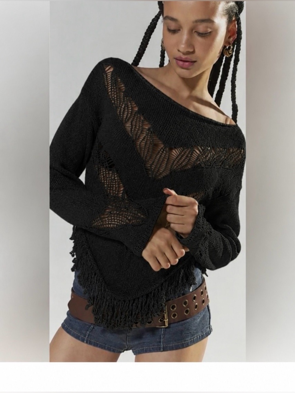 Urban Outfitters Silence + Noise Taylor Fringe Tunic Sweater in Black Women's